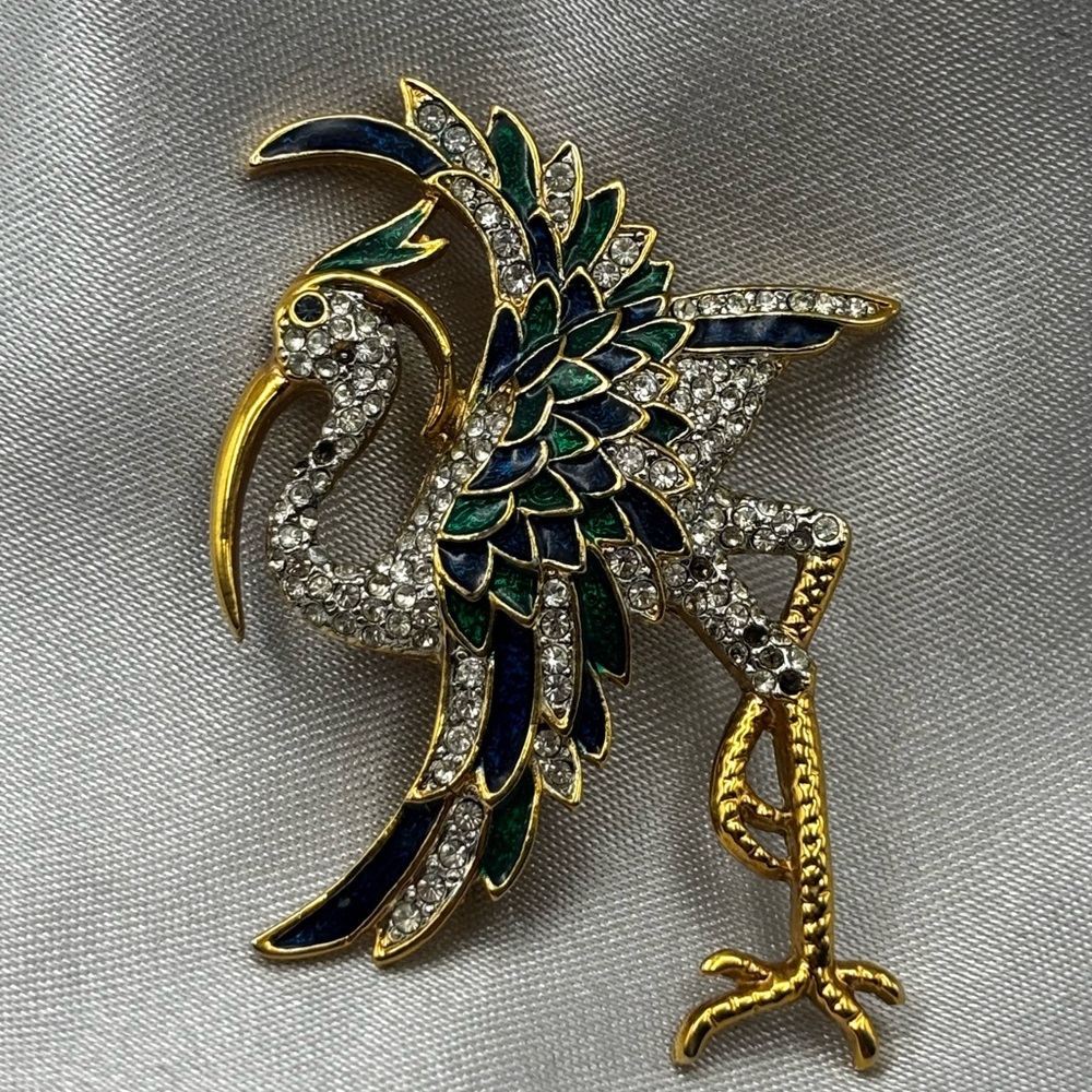 Vintage Enamel & Rhinestone Exotic Bird Brooch